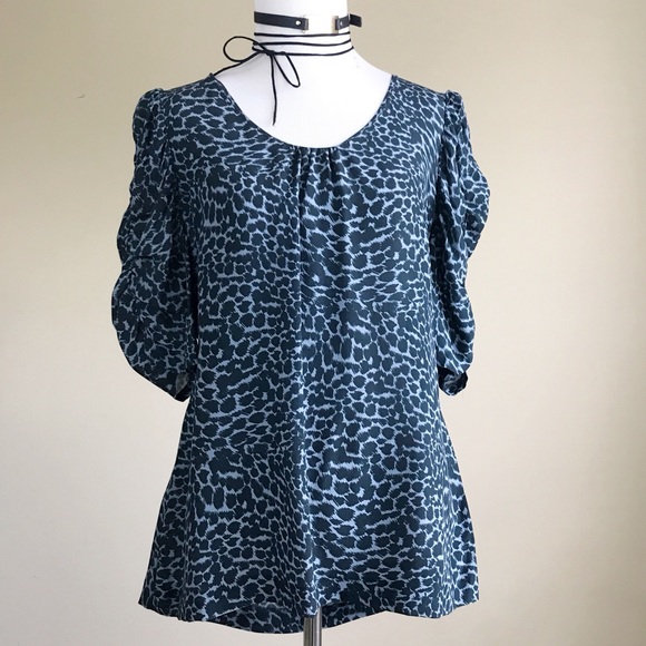 Halogen Blue Ruffle Bell Sleeve Leopard Print top - Picture 1 of 5